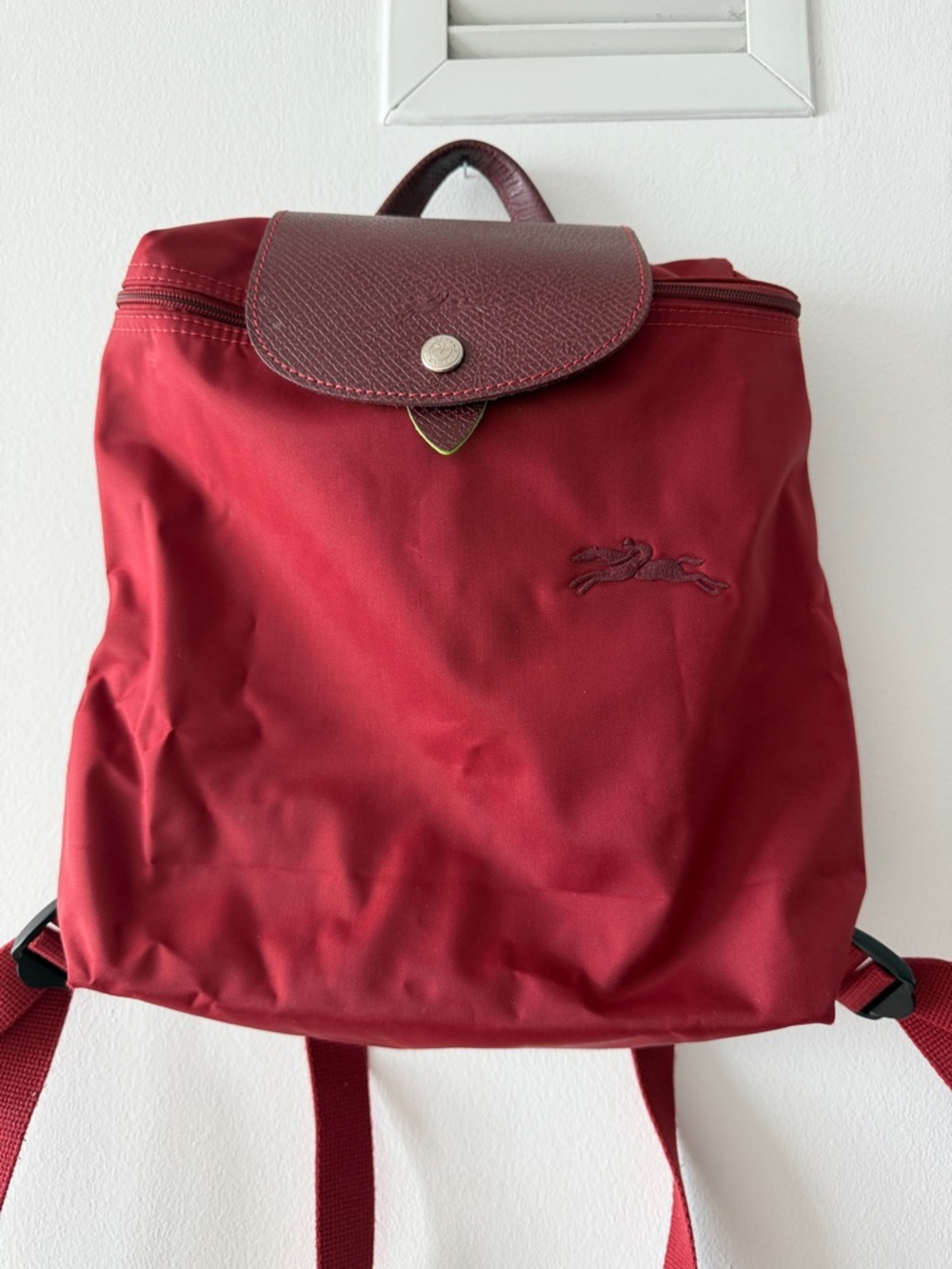 Longchamp Le Pliage “Sac a Dos” Red Nylon Backpack with Burgundy Leather details
